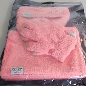 Pink Coral Beanie Hat Scarf Gloves Set Very Soft Chenille Hard Rock